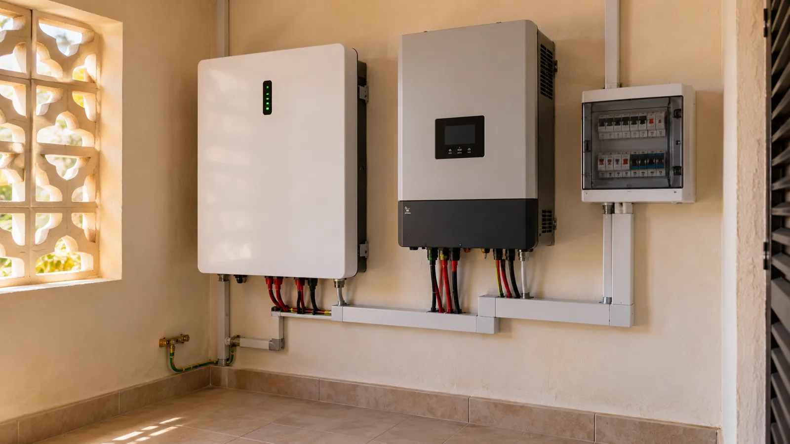 Batterie lithium murale posée à côté d'un convertisseur hybride dans un local technique ventilé