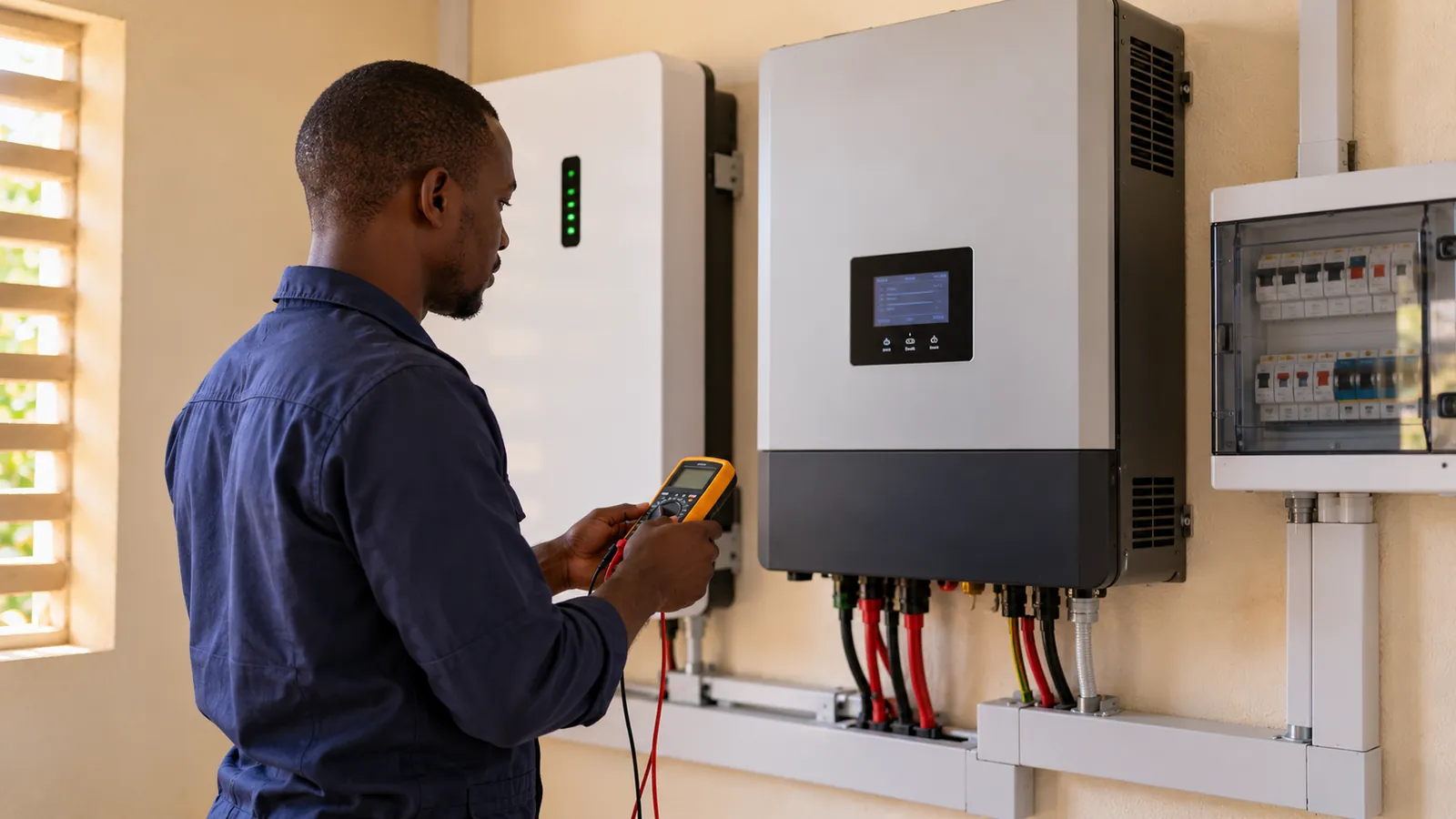 Technicien qui contrôle un convertisseur hybride fixé au mur avec un multimètre