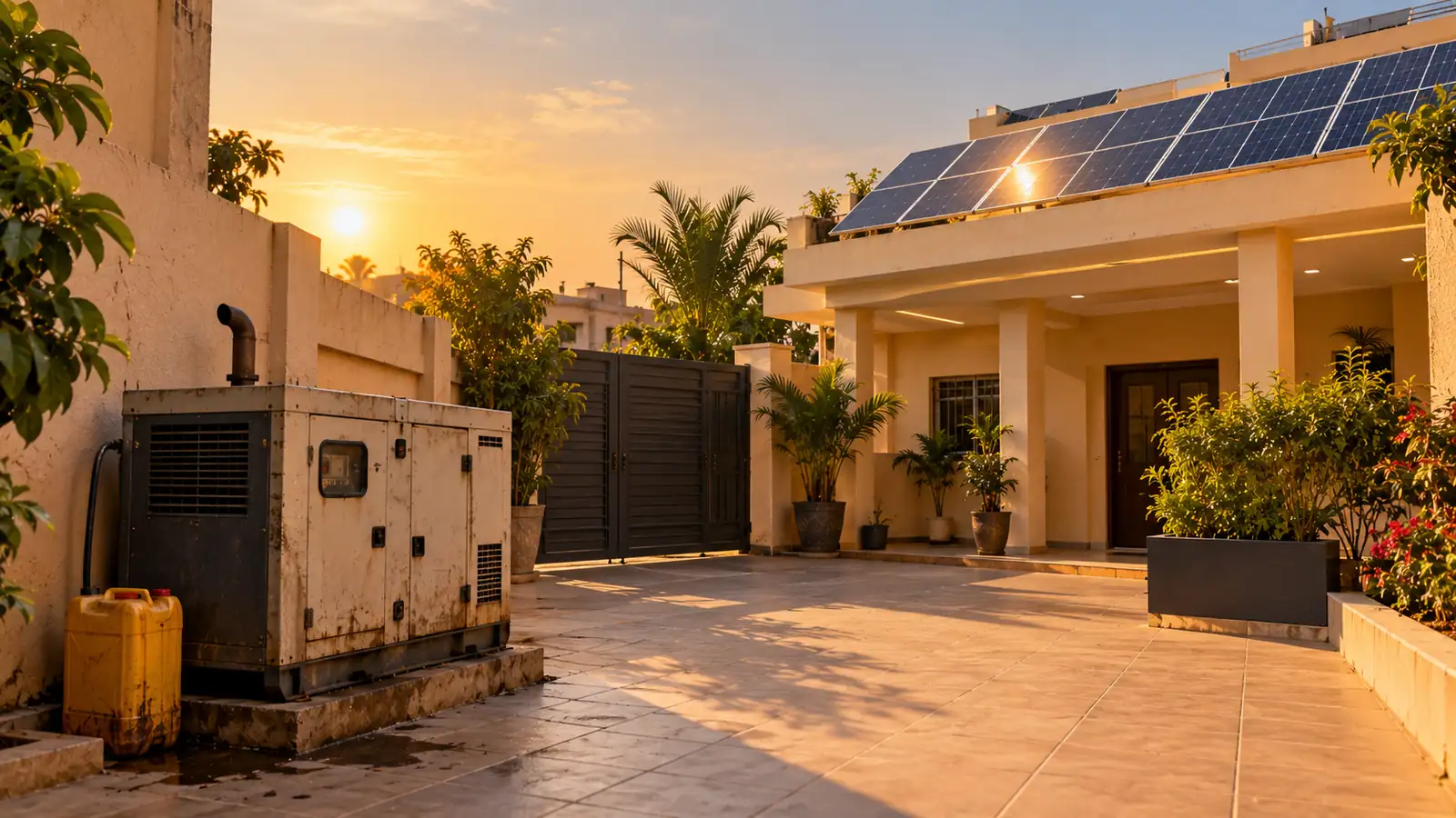 Cour de villa avec un groupe électrogène diesel d'un côté et des panneaux solaires sur le toit de l'autre