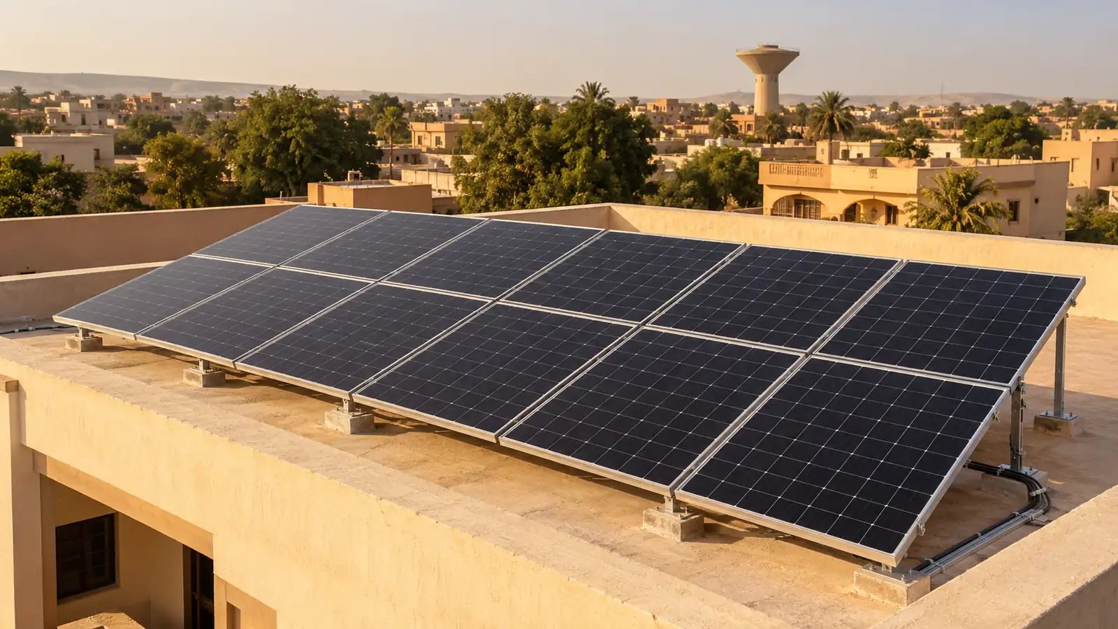 Panneaux solaires installés sur le toit-terrasse d'une villa à Bamako, en fin d'après-midi