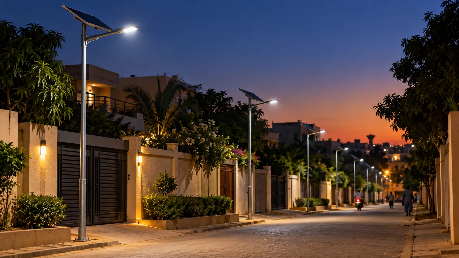 Rue de quartier à Bamako éclairée par des lampadaires solaires à la tombée de la nuit