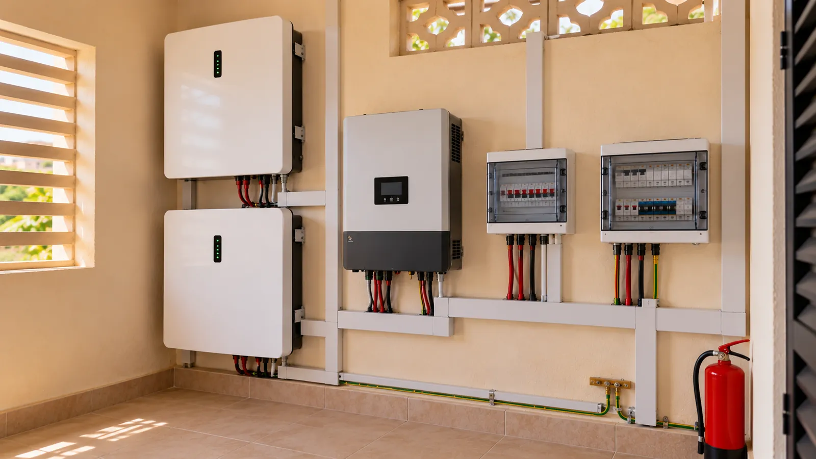 Local technique complet : batteries lithium, convertisseur hybride et coffrets de protection