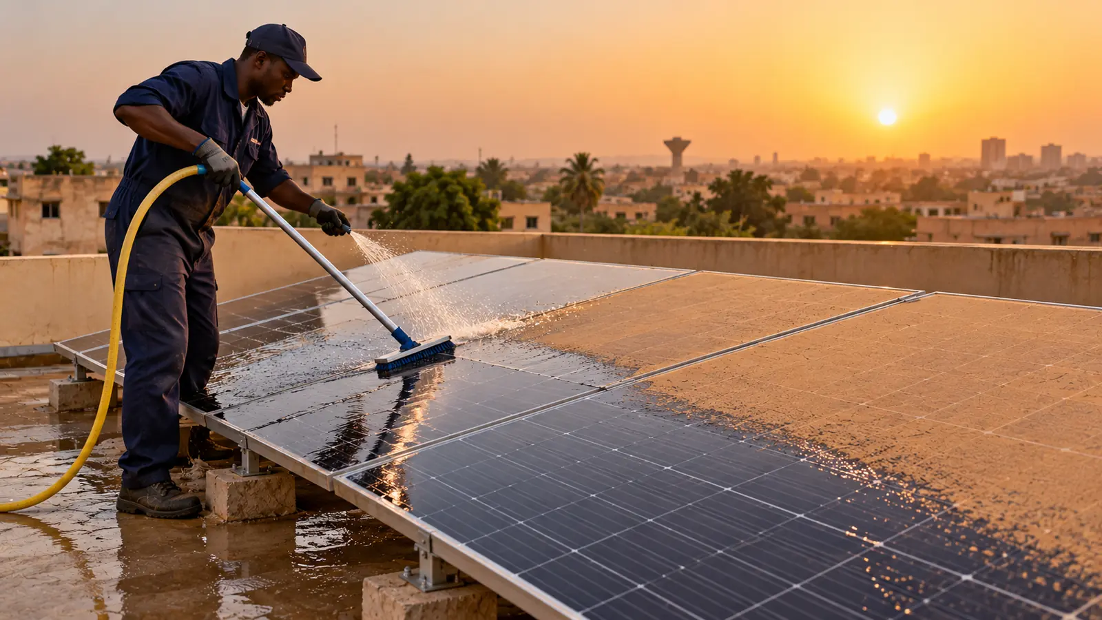 Nettoyage à l'eau claire de panneaux solaires couverts de poussière d'harmattan