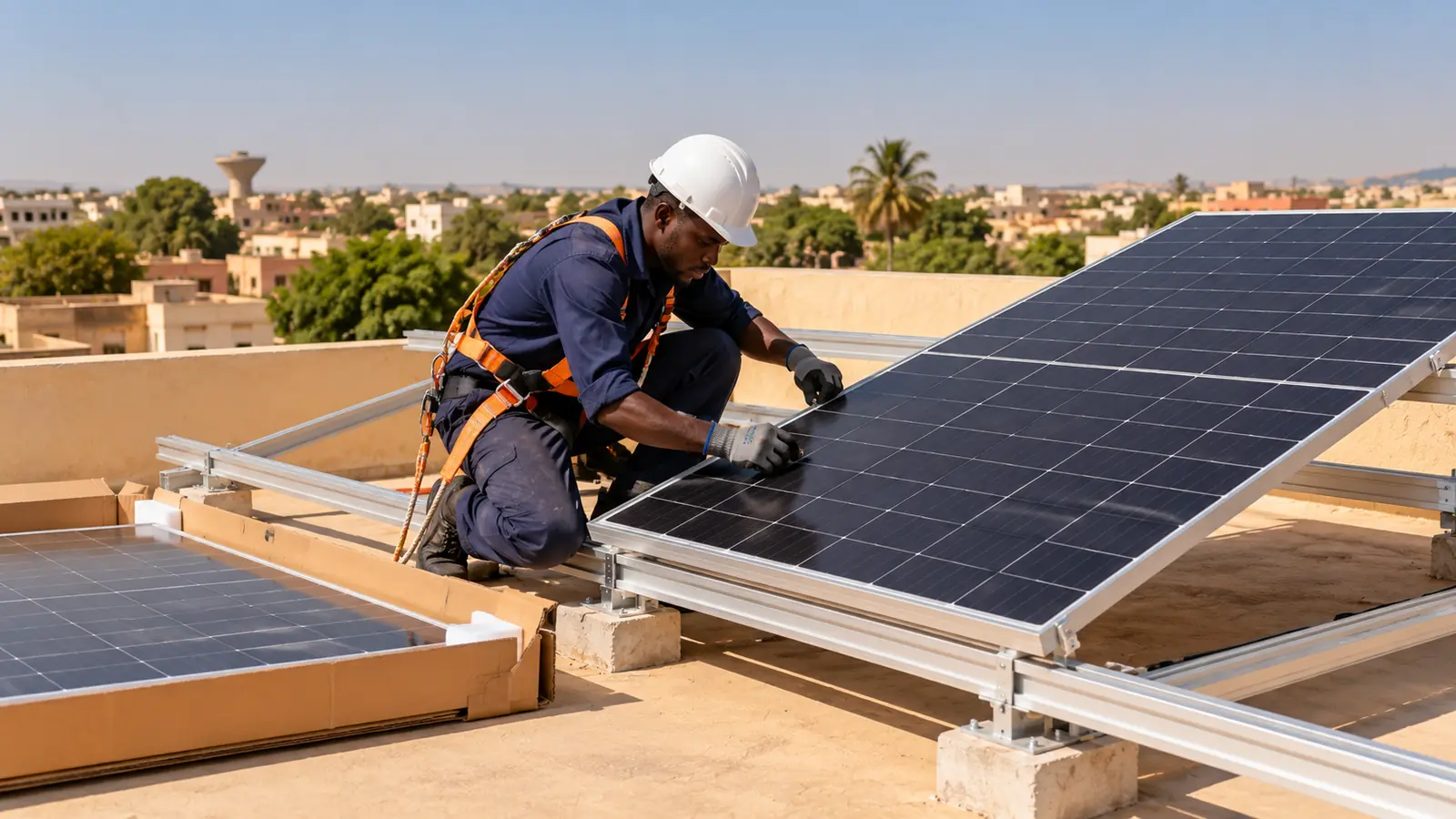 Technicien équipé d'un harnais qui fixe un panneau solaire sur des rails, sur un toit de Bamako
