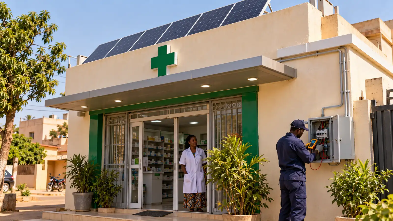 Pharmacie de quartier avec panneaux solaires sur le toit, technicien qui vérifie le coffret électrique