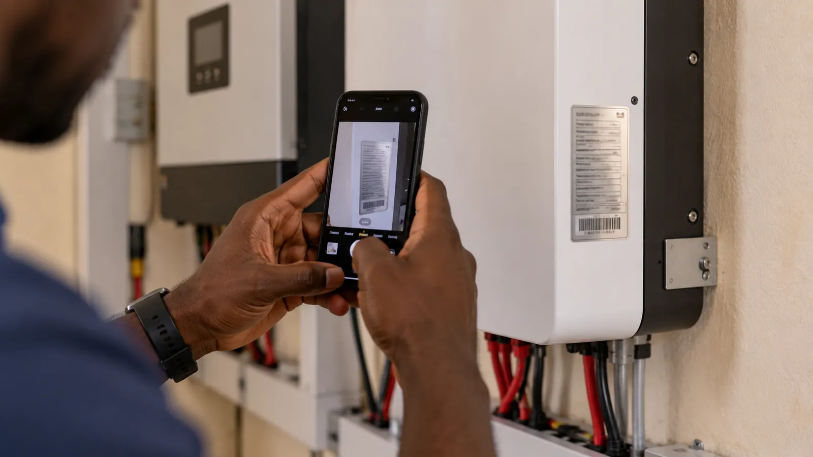 Photo au téléphone de l'étiquette d'une batterie lithium pour vérifier sa capacité